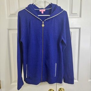 Lilly Pulitzer Cobalt Blue Knit White Trim Hooded Cardigan Light Sweater Large